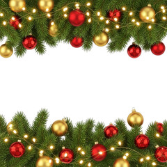 Festive christmas garland with ornaments and twinkling lights festive holiday frame