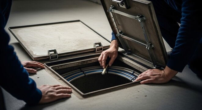 Technicians Inspecting Underground Cables in Open Floor Access Panel.
