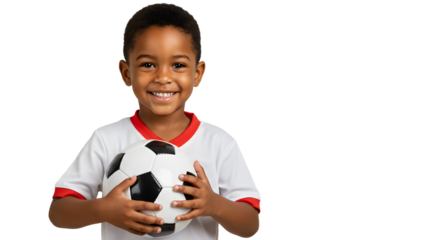 Smiling young boy holding soccer ball wearing white and red sports jersey isolated on white background, perfect for sports and youth activity themes