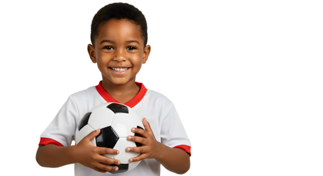 Smiling young boy holding soccer ball wearing white and red sports jersey isolated on white background, perfect for sports and youth activity themes