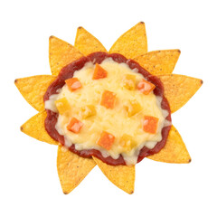 Fototapeta premium Top View of Crispy Tortilla Chips Topped with Melted Cheese and Tomato Sauce