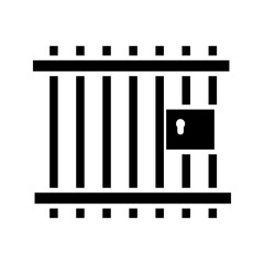 Prison or jail silhouette symbol. Metal cage with bars and lock. Crime justice or punishment icon. Vector black shape isolated on white background.

