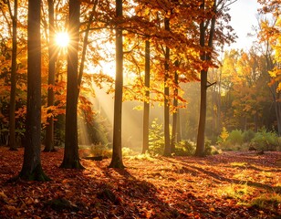 Golden sun rays filter through colorful autumn forest trees