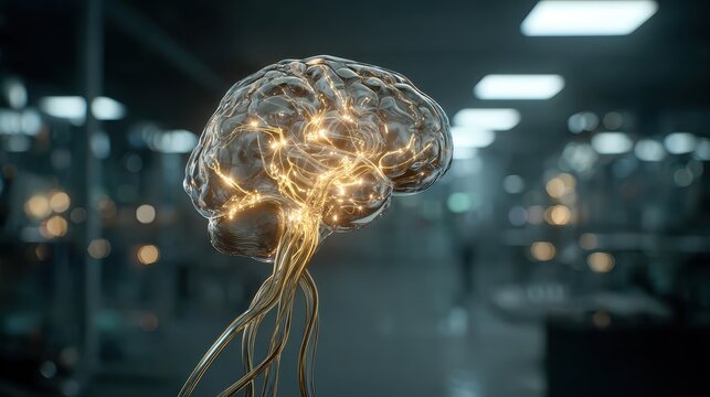 Glowing Brain Model Depicting Neural Interface Technology
