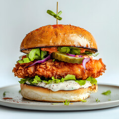 Spicy Fried Chicken Sandwich with Lettuce, Pickles, and Creamy Sauce