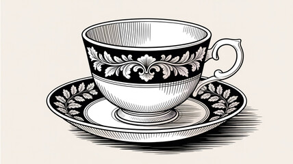 Fototapeta premium A detailed black and white engraving of an ornate vintage teacup and saucer set.