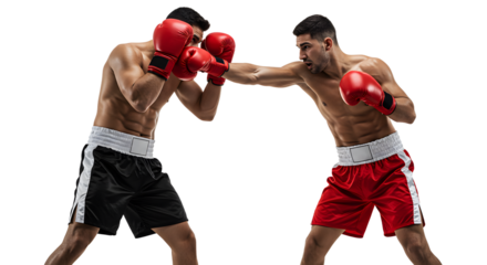 Two male boxers sparring with red gloves in a training fight isolated on black background, perfect for sports and fitness concepts
