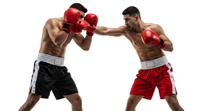 Two male boxers sparring with red gloves in a training fight isolated on black background, perfect for sports and fitness concepts