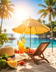 Tropical beach scene with drink and beach chair