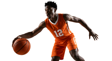 Young basketball player in orange jersey dribbling ball during game action on black background, perfect for sports and athletic promotions