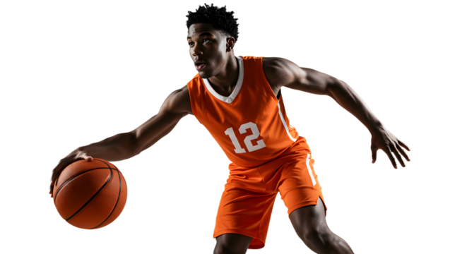 Young basketball player in orange jersey dribbling ball during game action on black background, perfect for sports and athletic promotions