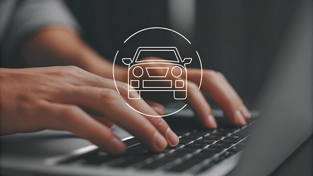 Hands typing with holographic car rental booking interface digital travel - Powered by Adobe