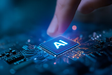 AI Chip Connection: A finger hovers over a central processing unit, connecting human interaction with artificial intelligence.