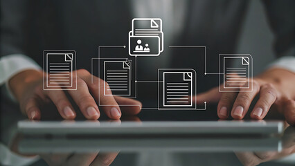 Hands typing with holographic digital tax filing software automation  