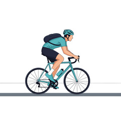Obraz premium Cyclist with backpack riding a teal road bike.