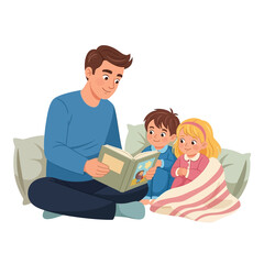Father reading a book to his son and daughter sitting on pillows.