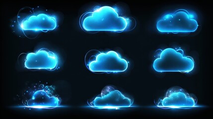 Glowing Cloud Icons Representing Cloud Services on Dark Background