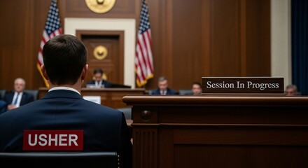 Usher in Congressional Hearing Room Session in Progress.