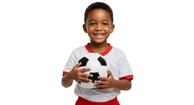 Happy young boy holding a soccer ball wearing sportswear isolated on white background, perfect for youth sports or soccer promotions