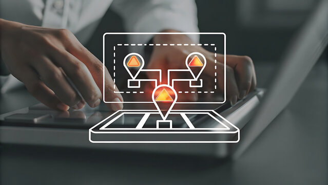 Hands typing with holographic route optimization logistics delivery system  