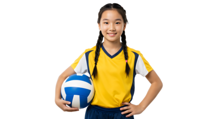 Young girl holding volleyball in sports uniform with confident smile isolated on black background, perfect for sports and youth activity themes
