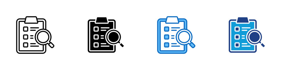 Task Review Multiple Style Icon Design Vector - Checklist clipboard with magnifying glass, symbolizing review, audit, or analysis