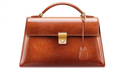 Elegant brown patent leather handbag with golden clasp and a handle on white