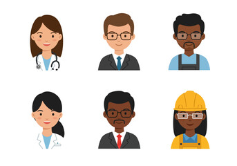 Diverse Professionals Cartoon Portraits of Doctor Businessman and Construction Worker.