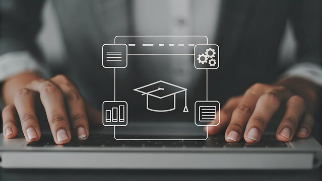 Hands typing with holographic student progress tracking education app  