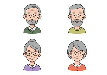 Fototapeta premium Four Cartoon Elderly People Portraits with Glasses and Gray Hair.