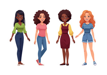 Obraz premium Four diverse cartoon women standing each with unique hairstyles and clothing.