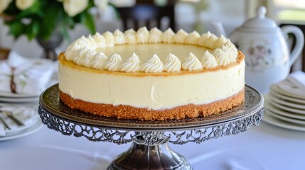 A creamy cheesecake sits on a decorative stand, surrounded by fine tableware and fresh flowers