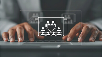 Hands typing with holographic virtual concert live streaming entertainment  