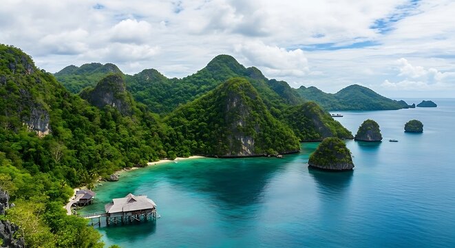Panoramic view of idyllic tropical islands with an overwater bungalow nestled in clear turquoise waters and lush green mountains under a cloudy sky - Powered by Adobe