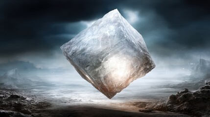 Glowing crystal cube hovering in dark cloudy sky