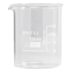 Clear glass beaker with measurement markings, isolated on white.