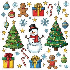 Festive christmas elements collection snowman gingerbread trees gifts ornaments festive holiday decorations