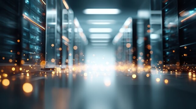 Abstract futuristic AI data hallway with bright light and particles