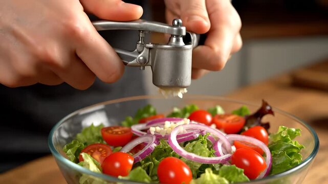 Hands use a garlic press to prepare a salad as fresh garlic enhances the dish. A glass bowl holds tomatoes, onions, and lettuce while garlic adds flavor to the salad.