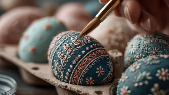 Intricate easter egg decoration with delicate brushstrokes featuring detailed patterns warm colors soft textures and natural lighting on a rustic egg carton setting