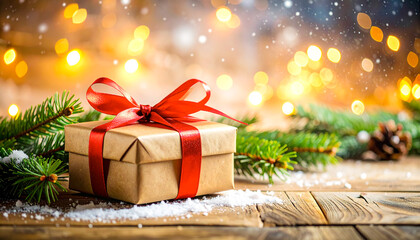 Christmas presents tied with red bows, rustic wood base, pine sprigs, snowfall, and magical glowing holiday bokeh.