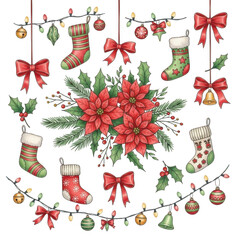 Festive christmas stockings garland bows poinsettias and lights festive holiday decor elements