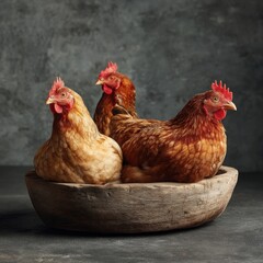 Three beautiful brown and gold chickens are led together in a rustic wooden bowl against a dark, textured backdrop creating a warm and comforting scene.