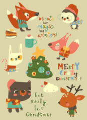 Cute Cartoon Christmas Set with Animals and Elements