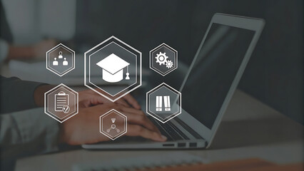 Laptop glowing with holographic student teacher collaboration virtual learning