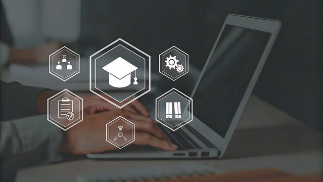 Laptop glowing with holographic student teacher collaboration virtual learning - Powered by Adobe