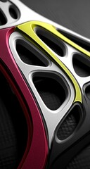 Interwoven, red, yellow, silver, and black abstract structure