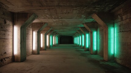 Obraz premium Long concrete tunnel with vibrant green and white lighting