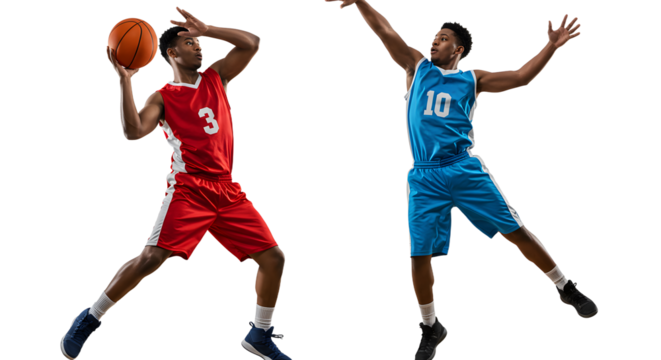 Two basketball players in mid-air action during a game isolated on white background, perfect for sports or athletic themes