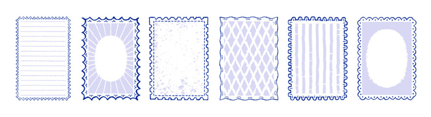 Frame stamp. Border hand drawn for coastal birthday, wedding menu. Sea line postcard frame. Vintage boarder and coastal scallop ornament. Cute abstract beach design bg. Rough ribbon sticker invitation